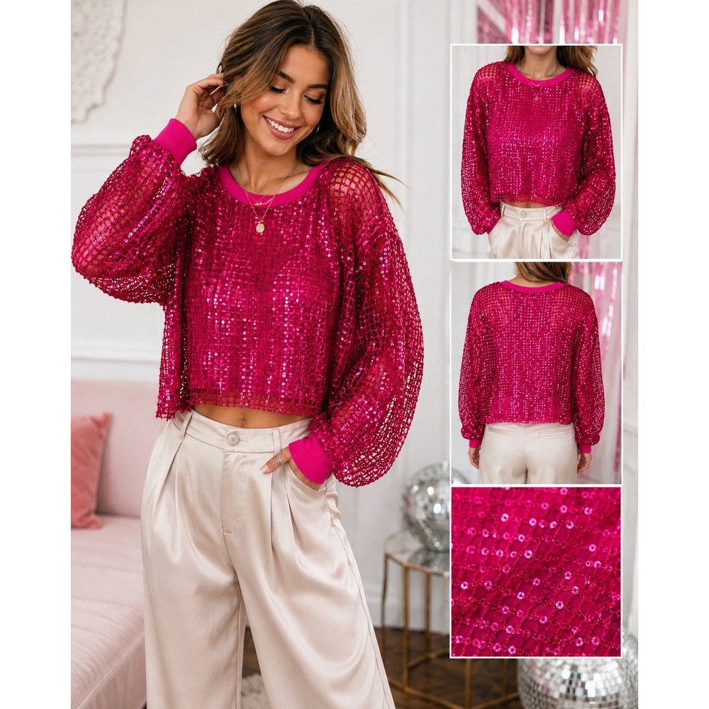 Pilcro Womens Pink Sequin Net Mesh Long Sleeve Top M Layered Disco Glam Festival